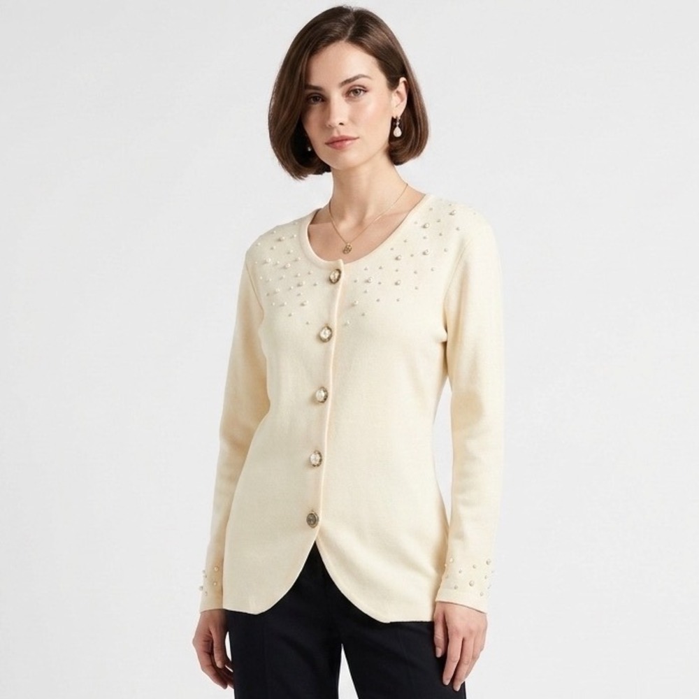Lew Magram New York Vintage Pearl Embellished Cardigan Sweater Cream Medium‎